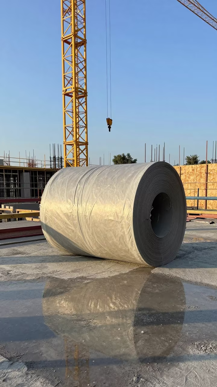 Vapor Barrier Roll Stand on Romanian Construction Site in beneath a tower crane on open ground in Romania