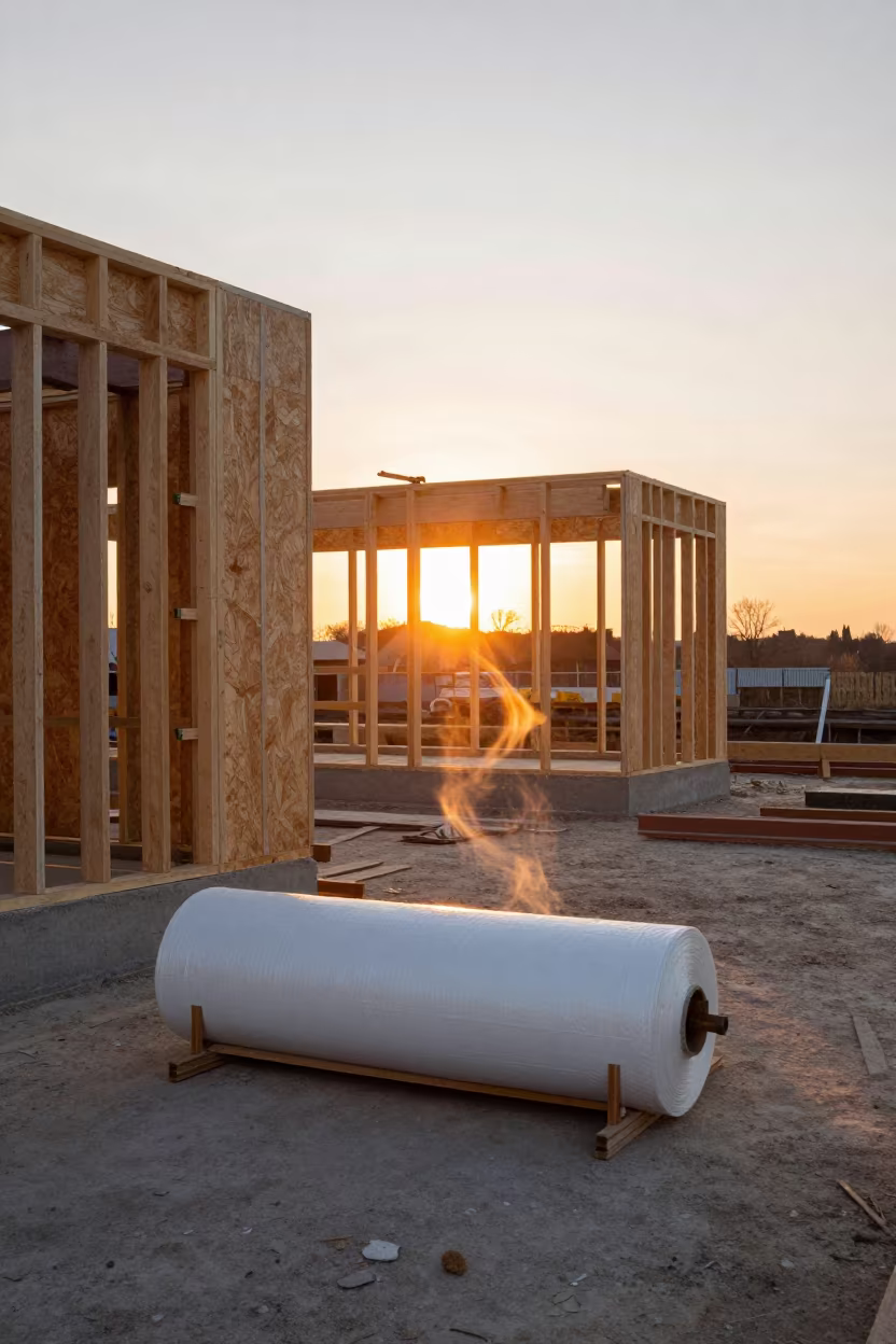 Vapor Barrier Roll Stand at Sunset Construction Site in beside a framed building shell in Hungary