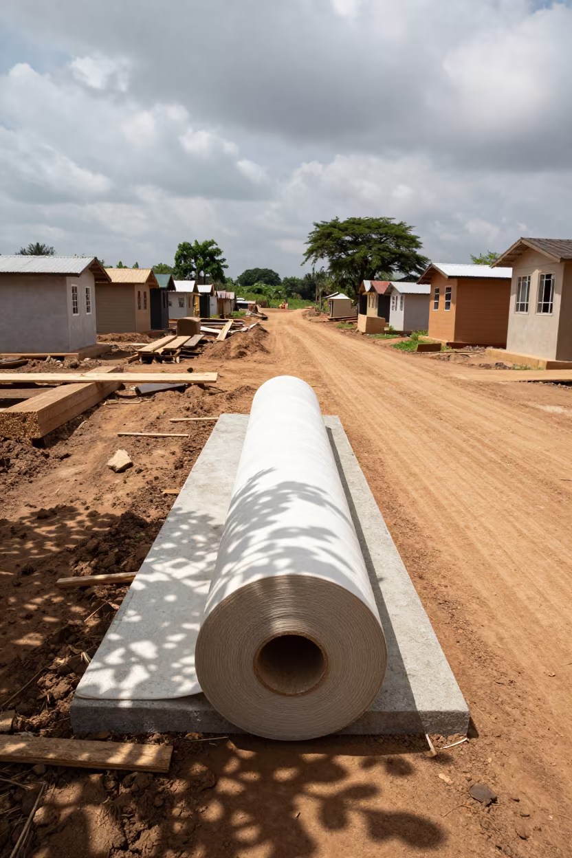 Vapor Barrier Stand with Tiny Shoebox Buildings in at a muddy site access road in Benin