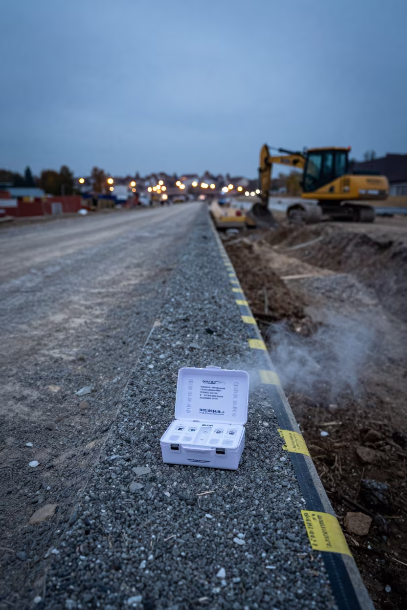 Vapor Test Kit Box at Twilight Construction Edge in inside a taped-off excavation edge near Vienna