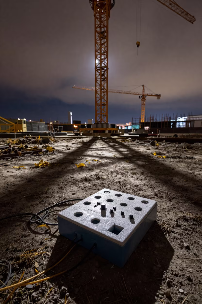 Vapor Test Kit Box Under Crane in Azerbaijan Night in beneath a tower crane on open ground in Azerbaijan