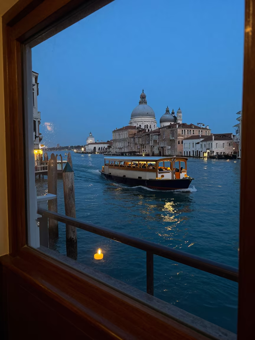 Vaporetto Canal Twilight Candlelit Pier Railing in on a pier railing near Neve Tzedek, Tel Aviv