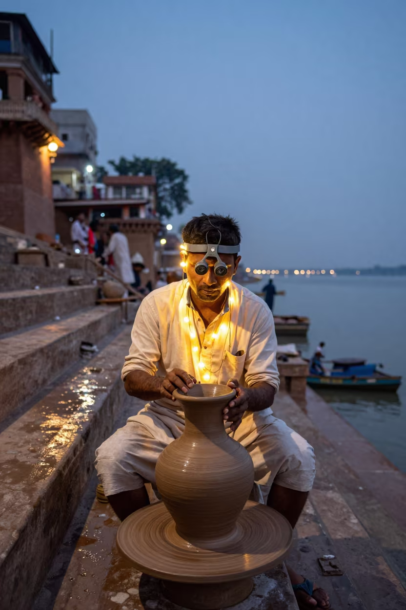 Varanasi Restorer with Magnifier at River Glow in near a riverside landing in Varanasi