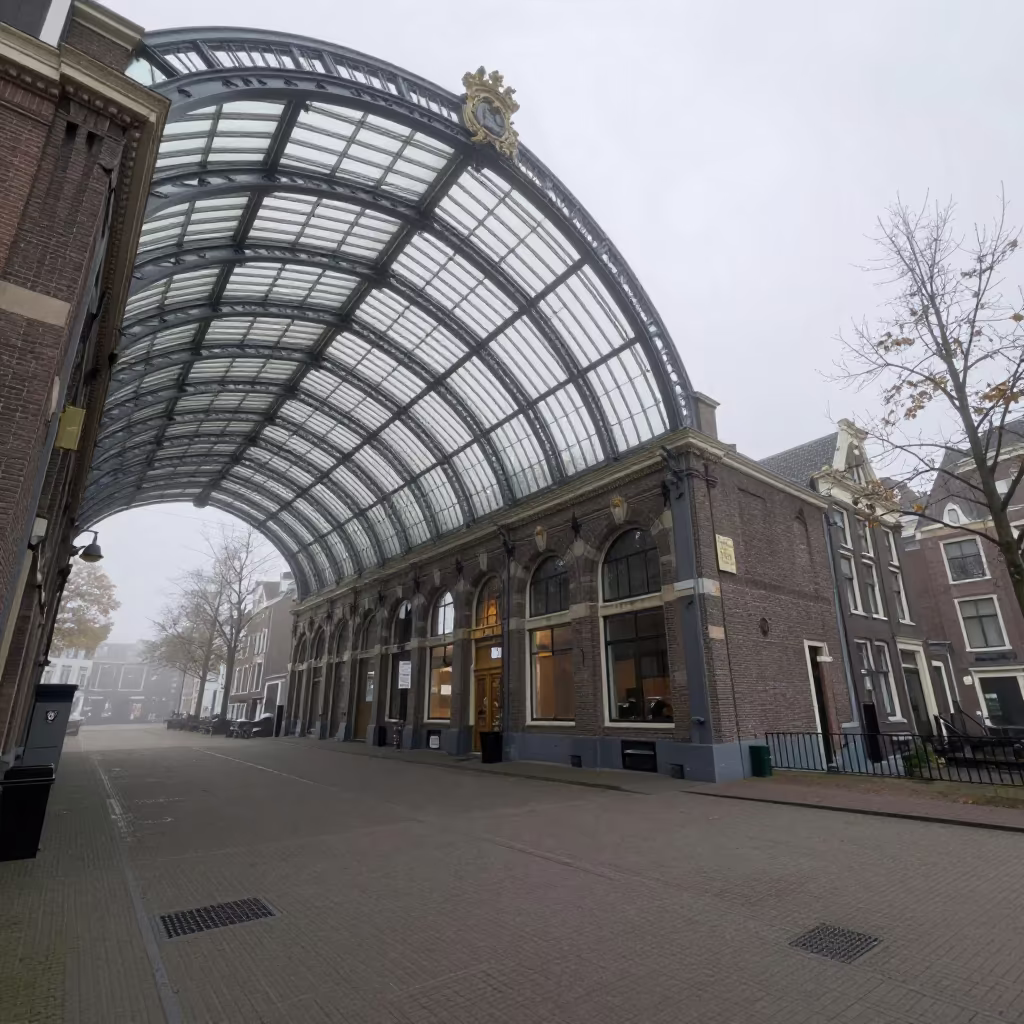 Vast Glass Arcade Vestibule Under Overcast Sky in inside a glass-roofed arcade near Amsterdam