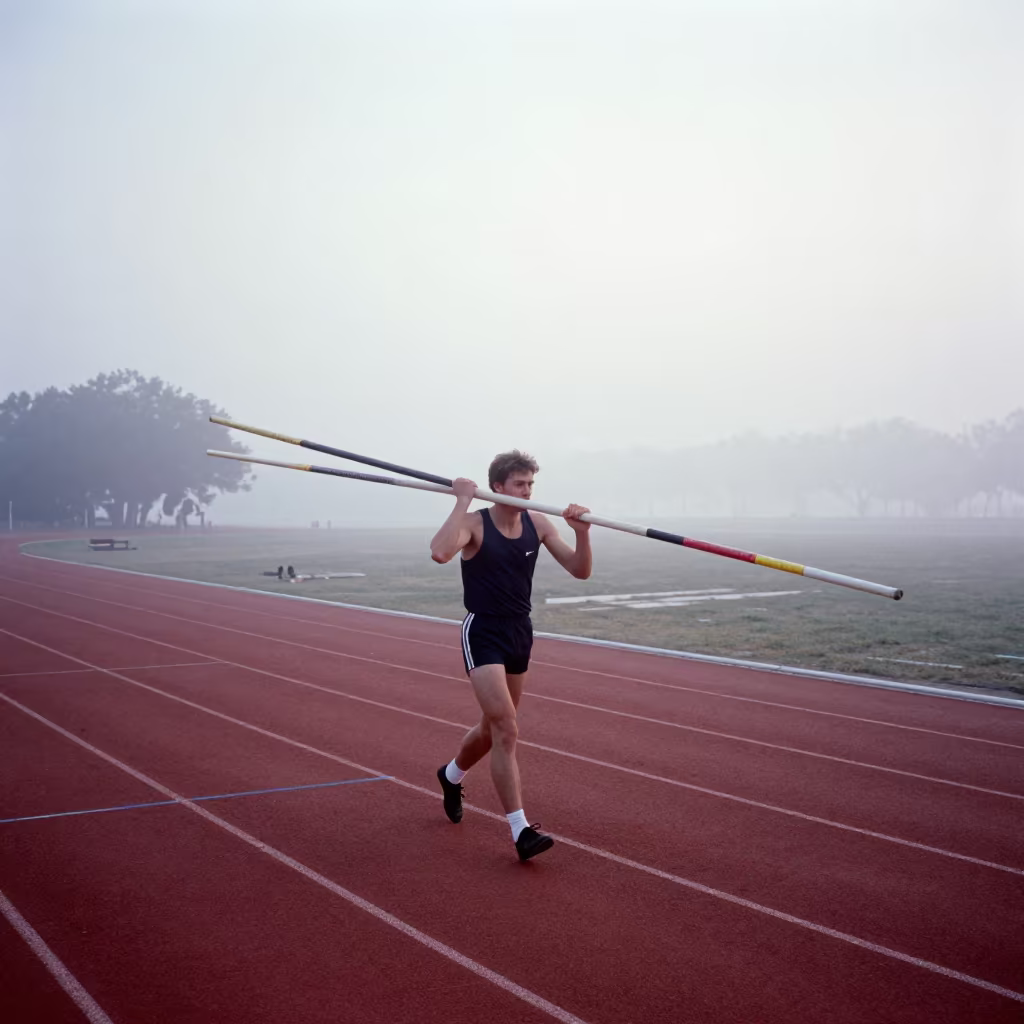 Vaulter Carries Poles Through Dawn Fog by River in by a riverbank near Keren