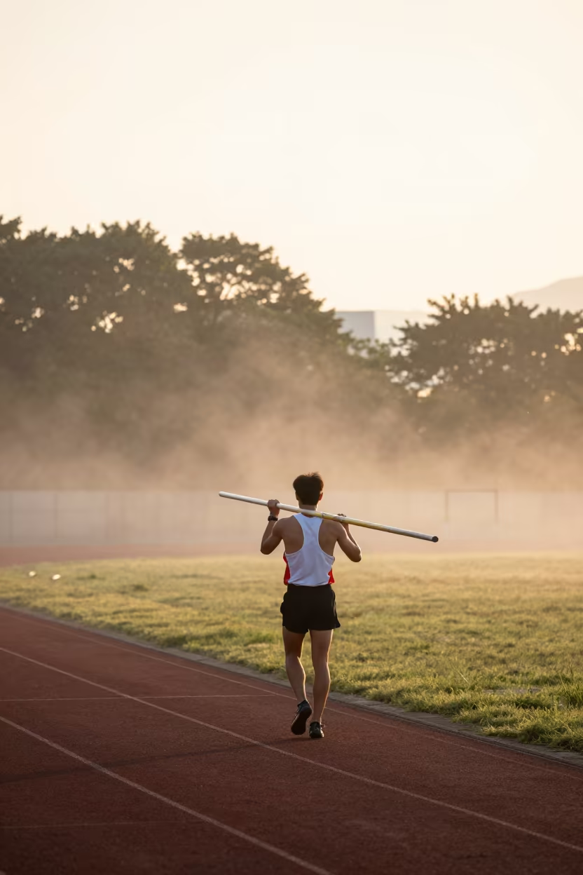 Vaulter Carrying Poles Through Dawn Fog Kagoshima in at a roadside stop near Kagoshima