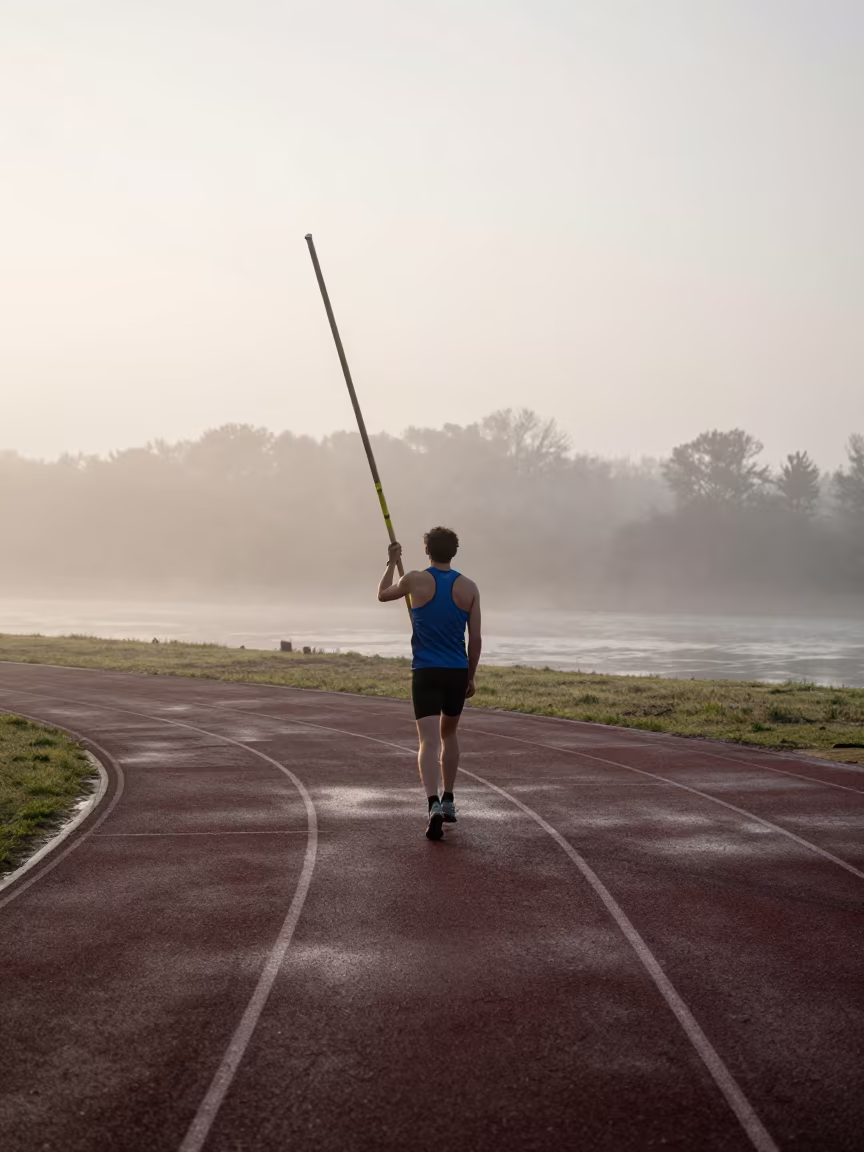 Vaulter Carrying Poles Through Dawn Fog in by a riverbank near Kosti