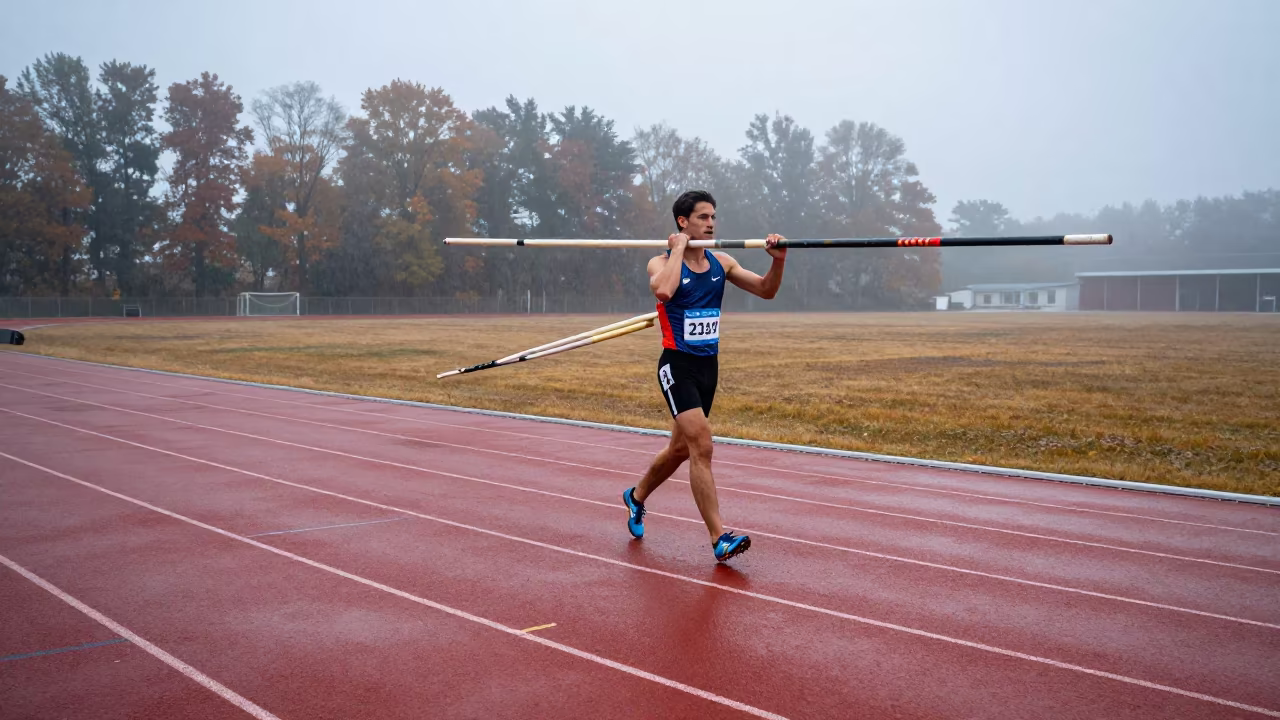 Vaulter Carrying Poles Through Dawn Fog in near open fields near Alexandria