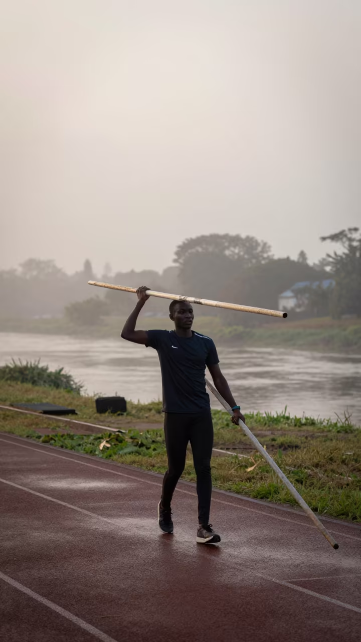 Vaulter Carrying Poles Through Predawn Fog in by a riverbank near Hoima