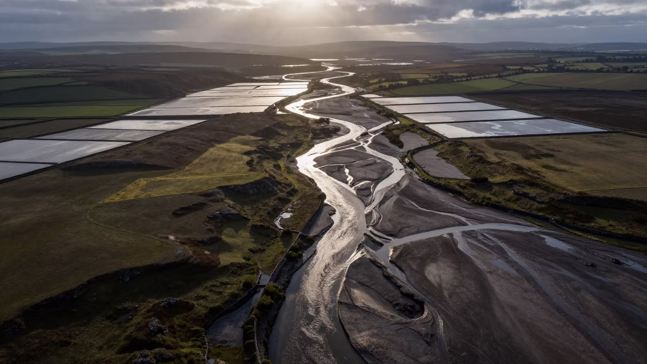 Vein-Like Dry River Bed Aerial View Northern Ireland in high over salt ponds and causeways in Northern Ireland