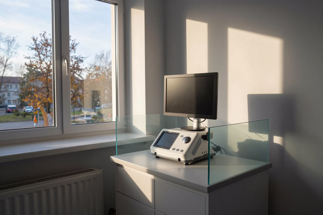 Vein Finder Charger Stand on Nurse Station Counter in at a nurse station under monitor glow near Rudny