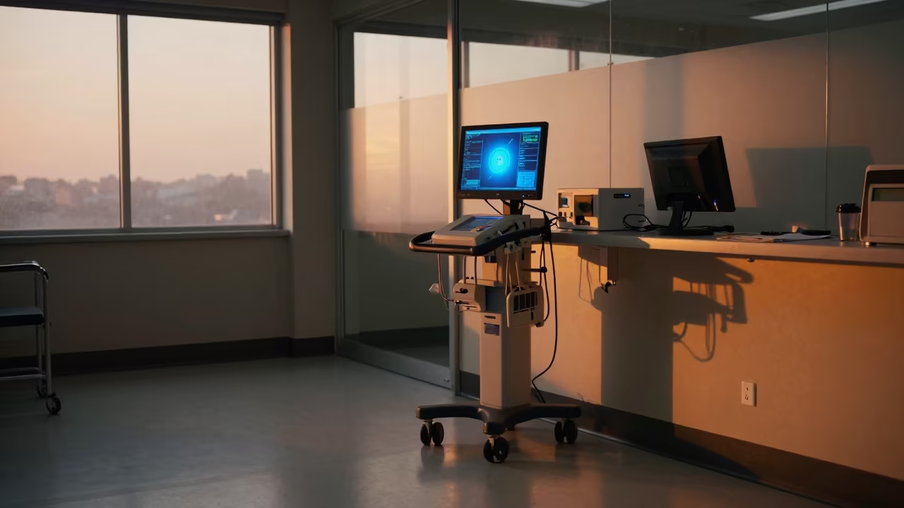 Vein Finder Charger Stand Nurse Station Sunset in at a nurse station under monitor glow in Carrollton