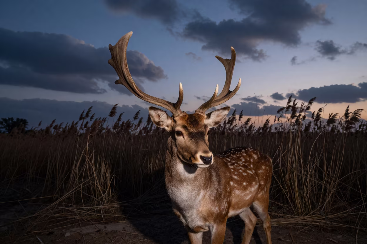 Velvet antlered deer in twilight reeds near Riyadh in at the edge of a reed bed near Riyadh