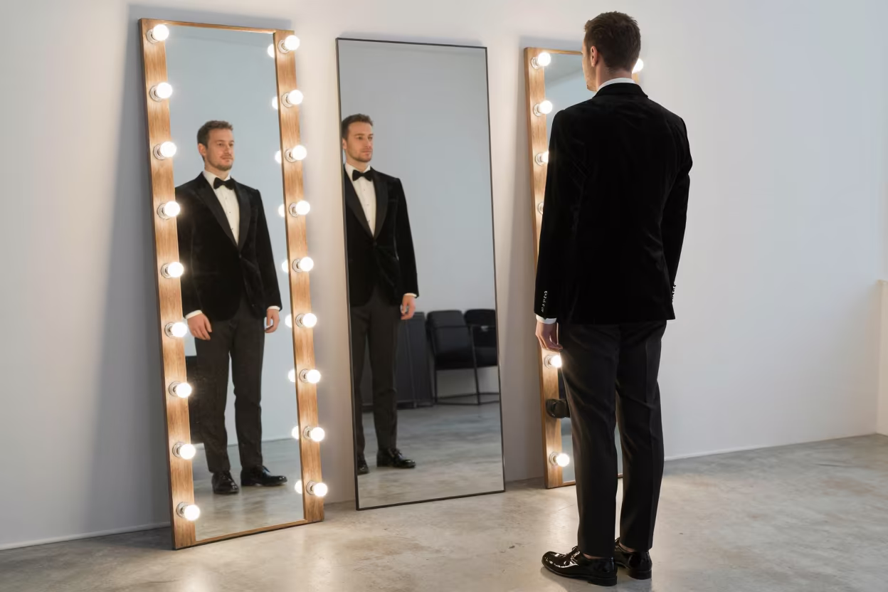Velvet Dinner Jacket Fitting by Mirror in Barakaldo in beside a mirror lined with makeup bulbs in Barakaldo