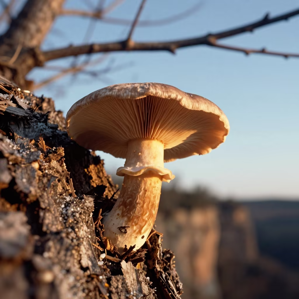 Velvet Shank Mushroom on Cliff Edge at Golden Hour in along a salt-sprayed cliff edge near Houston