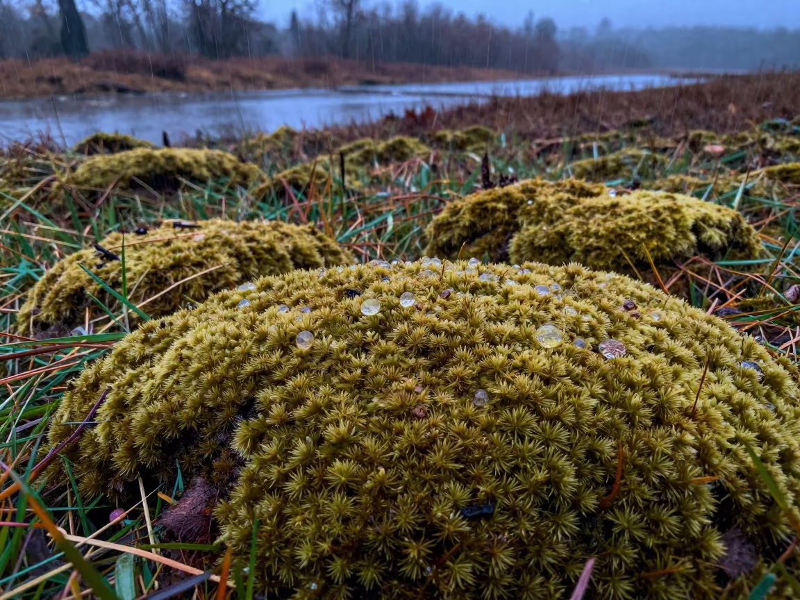 Velvety Moss Mounds in Evening Rain in in a bloom-heavy meadow near Jalalabad