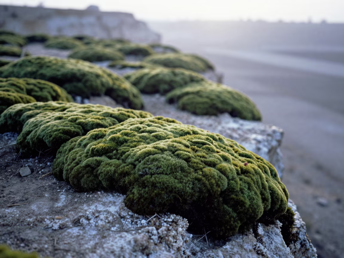 Velvety Moss Mounds on Salt Cliff at Dawn in along a salt-sprayed cliff edge near Al Diwaniyah