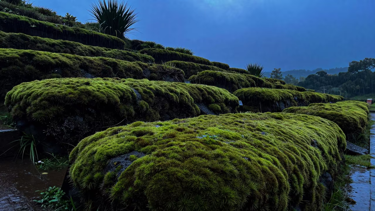 Velvety Moss Mounds in Steel-Blue Cúcuta Twilight in among terraced garden plots near Cúcuta