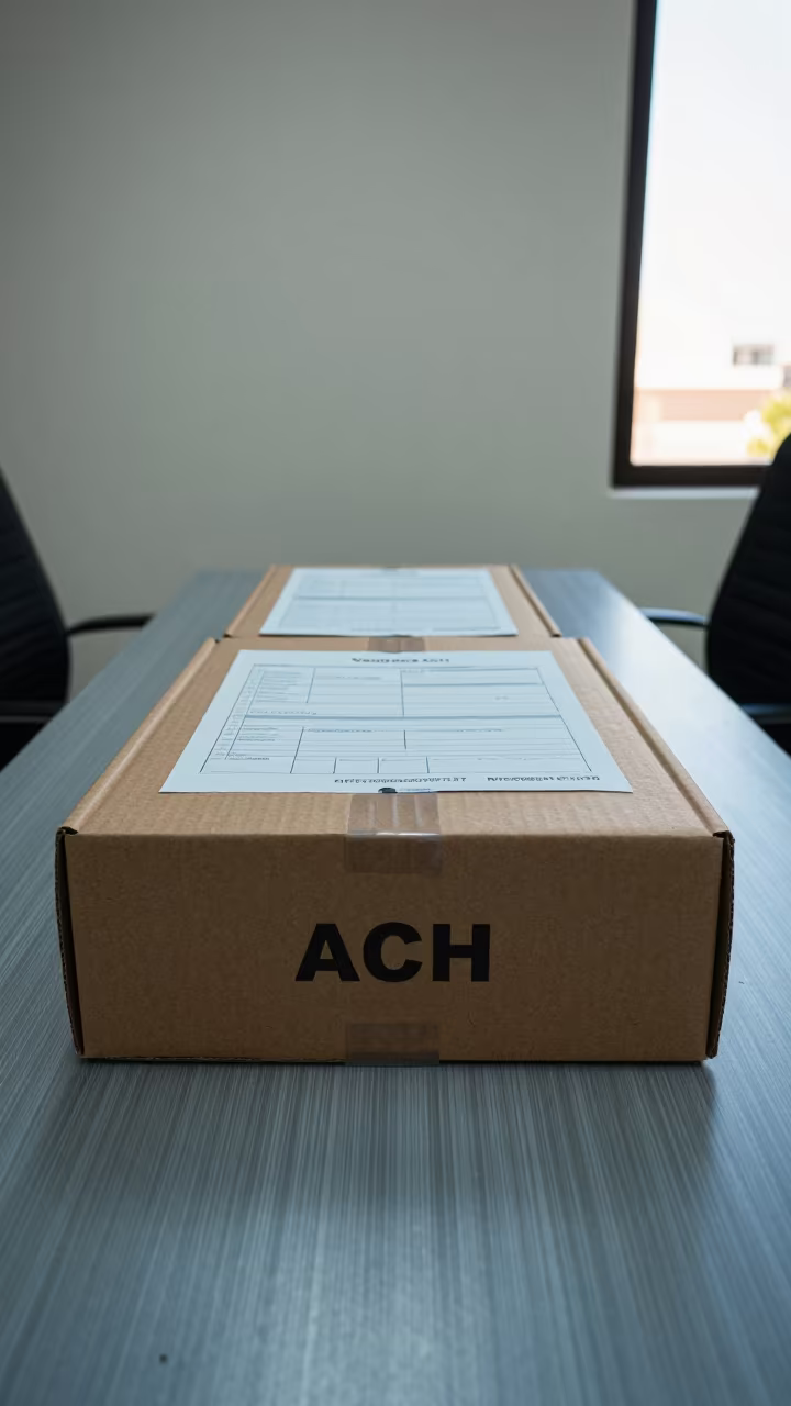 Vendor ACH Form Box on Niamey Boardroom Table in at a boardroom table before a meeting in Niamey
