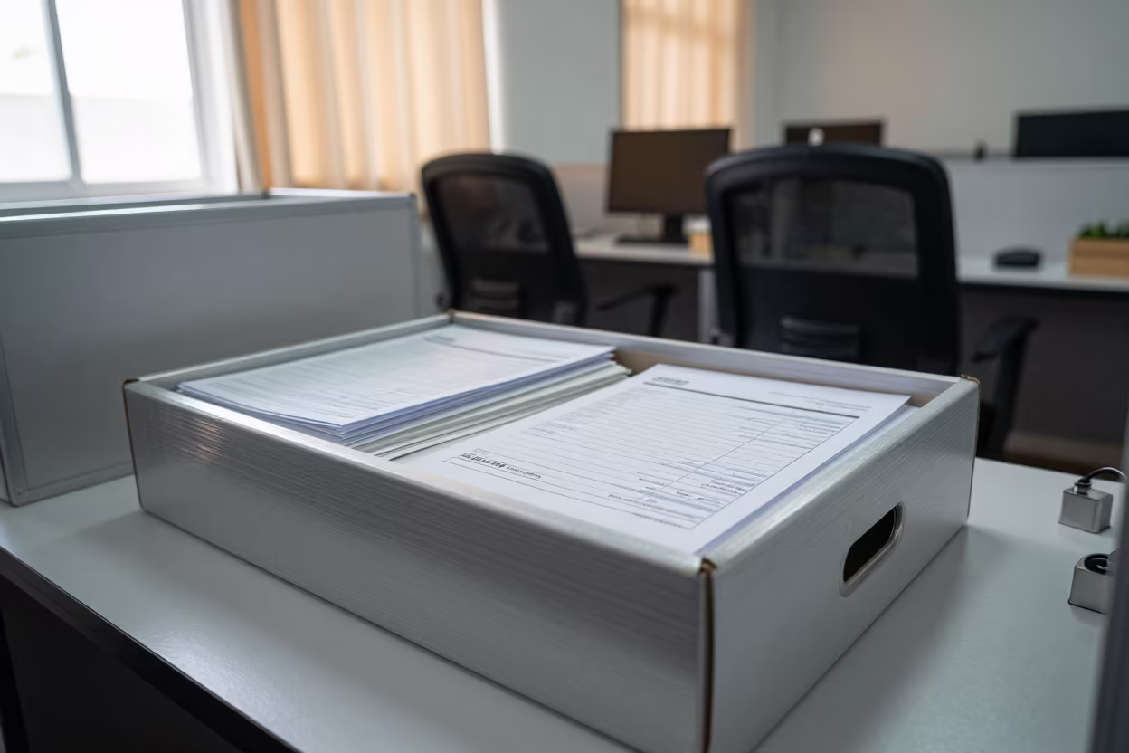 Vendor ACH Form File Box in Gagnoa Office in inside an open-plan office bay in Gagnoa
