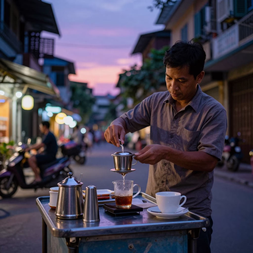 Vendor Activity in Hanoi at Indigo Twilight After Sunset in in Hanoi, Vietnam