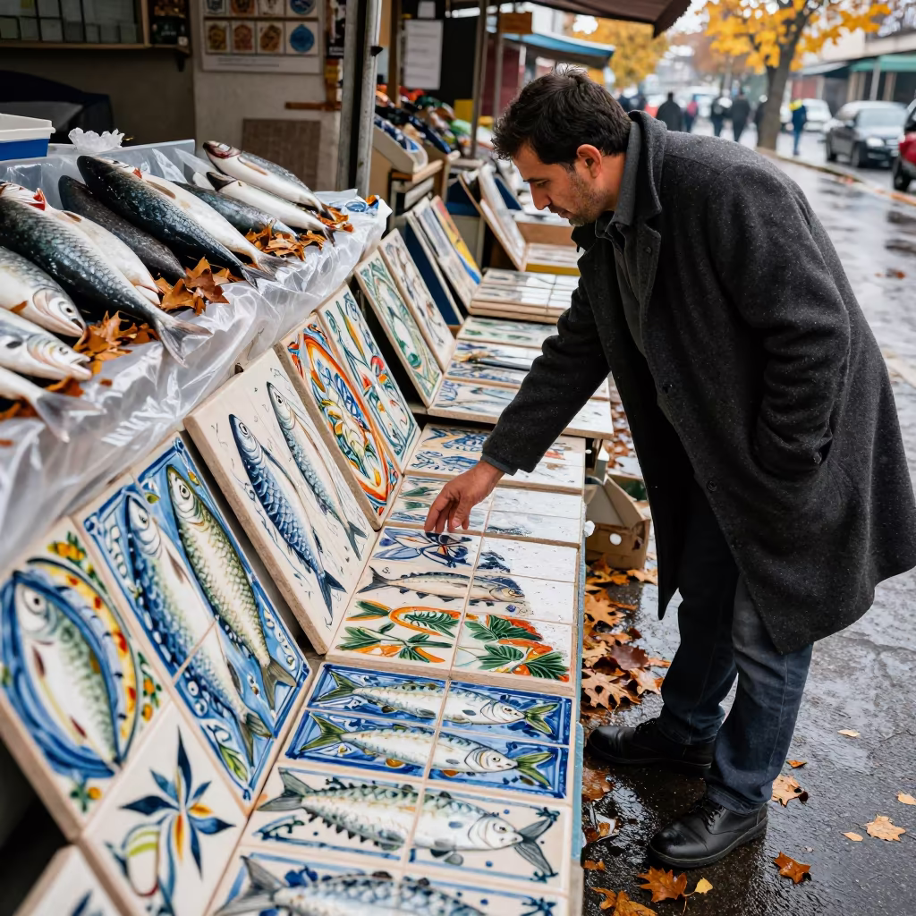 Vendor Arranges Tiles At Market Stall in beside a fish counter in Russeifa