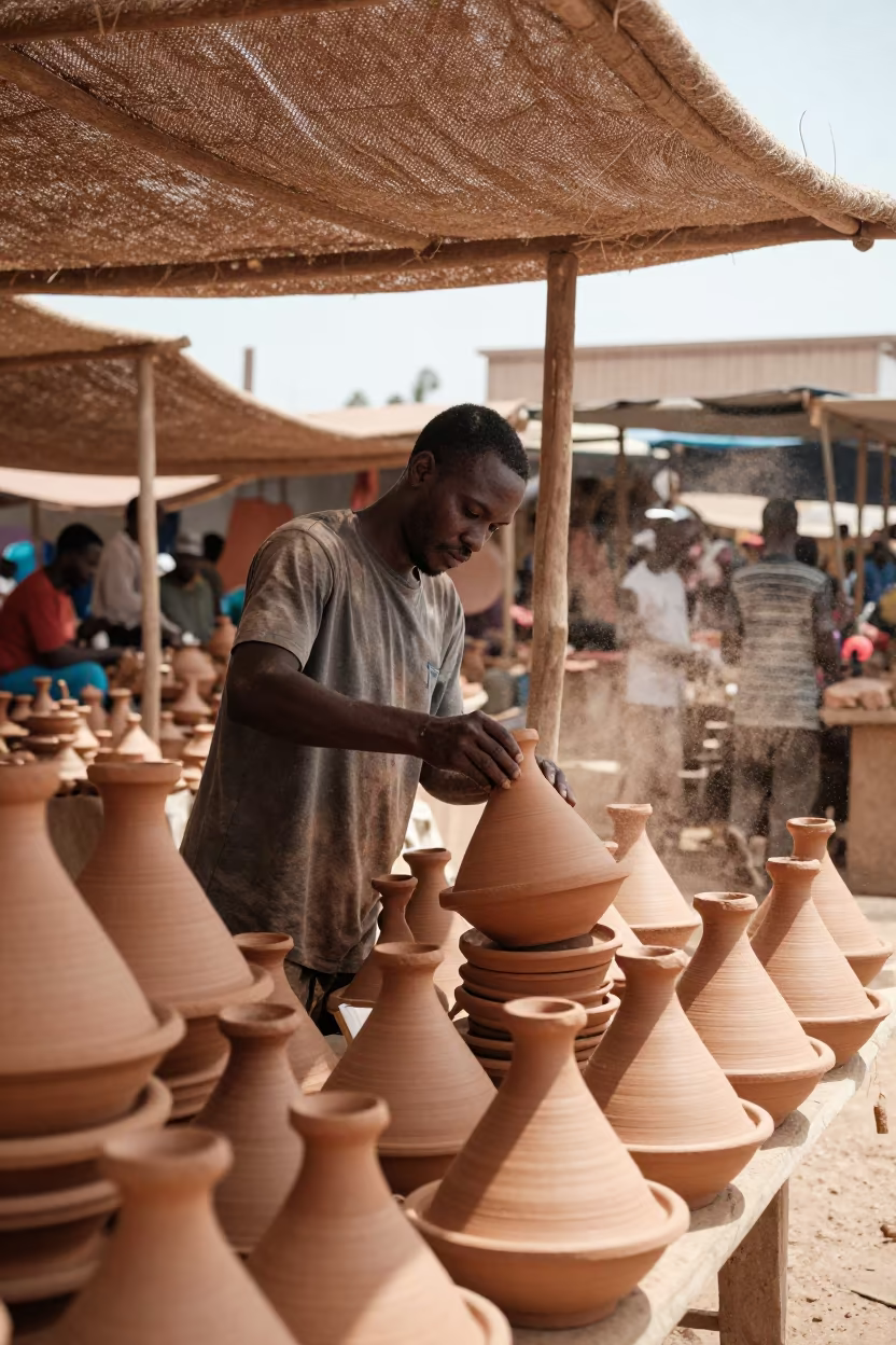 Vendor Arranging Clay Tagines in Benguela Market in under a market canopy in Benguela