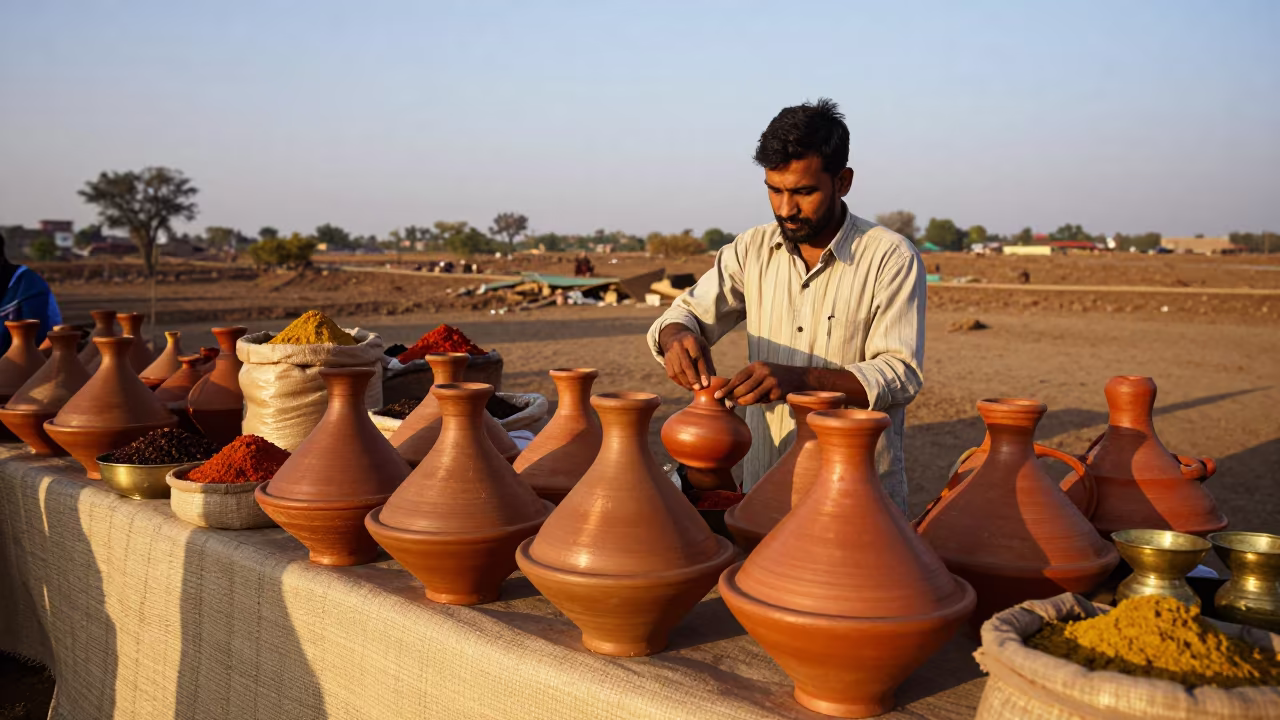 Vendor Arranging Clay Tagines at Deoghar Spice Market in at a spice vendor's table in Deoghar