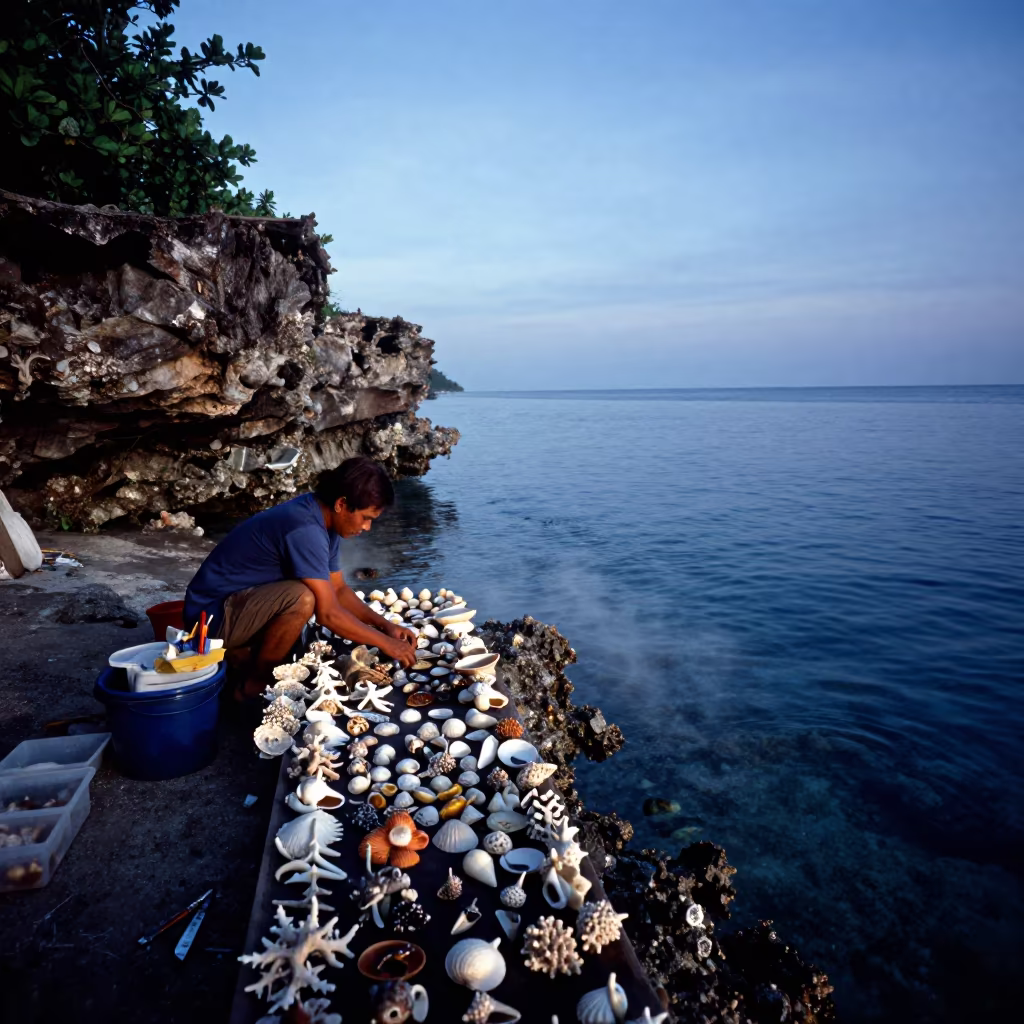 Vendor Arranging Coral Shells at Coastal Market in beside a reef crevice under clear water near Cebu