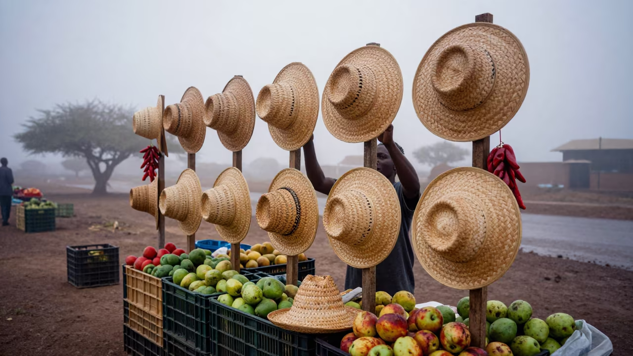 Vendor Arranging Hats at Windhoek Dawn Market in at a roadside fruit stand in Windhoek
