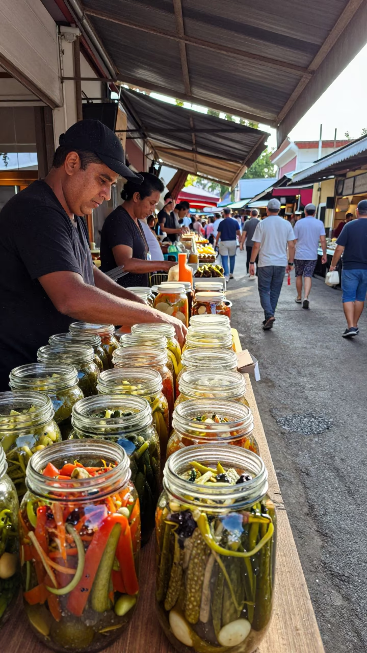Vendor Arranging Pickled Vegetables in Jars in in a covered bazaar aisle in Raleigh