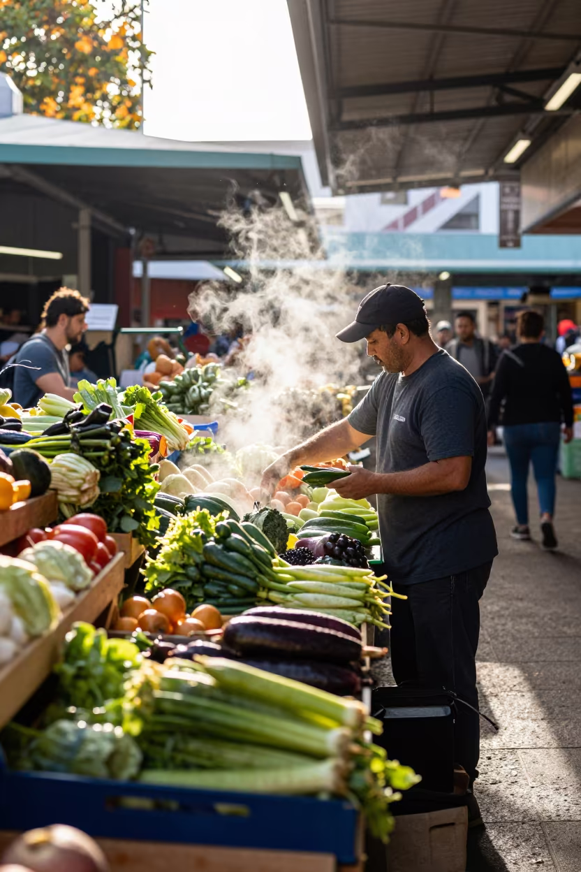 Vendor Arranging Produce in Barangaroo Bazaar in in a covered bazaar aisle in Barangaroo, Sydney