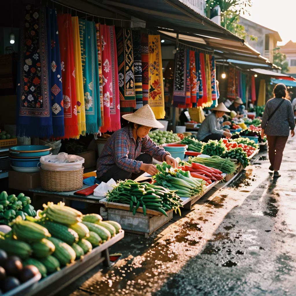 Vendor Arranging Produce at Hoi An Market Stall in at a textile trader's stall in Hoi An