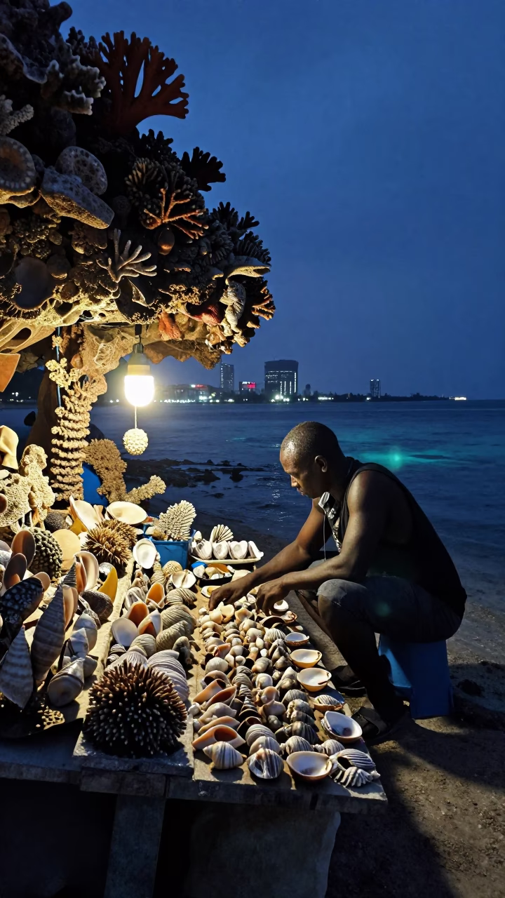 Vendor Arranging Seashells at Coastal Market Stall in beneath a reef ledge in tropical shallows near Stone Town