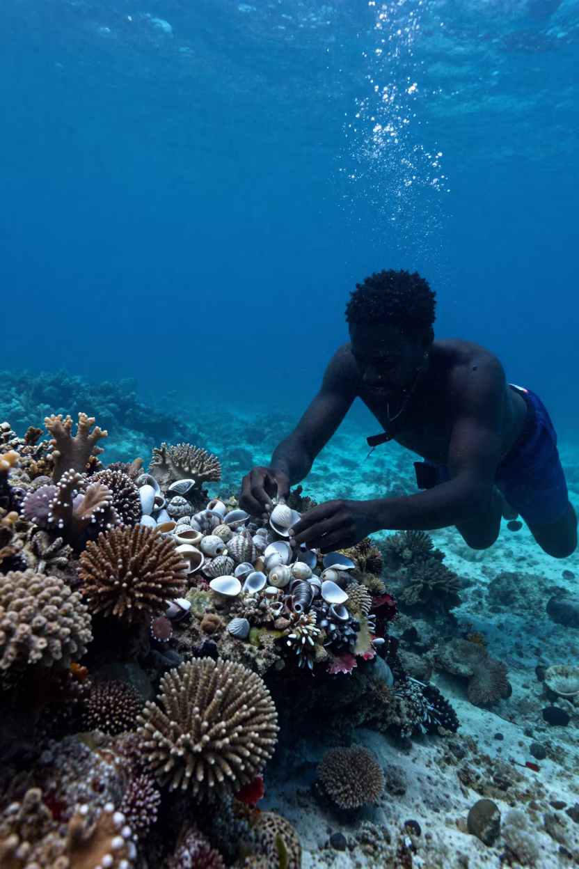 Vendor Arranging Shells Under Zanzibar Reef in beneath a reef ledge in tropical shallows near Zanzibar