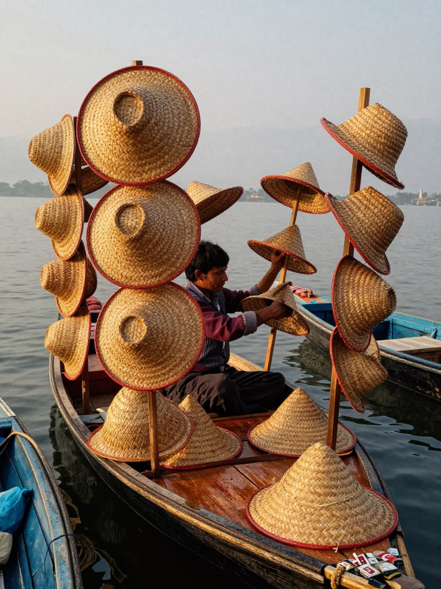 Vendor Arranging Woven Hats on Boat at Golden Hour in at a floating market boat in Pokhara