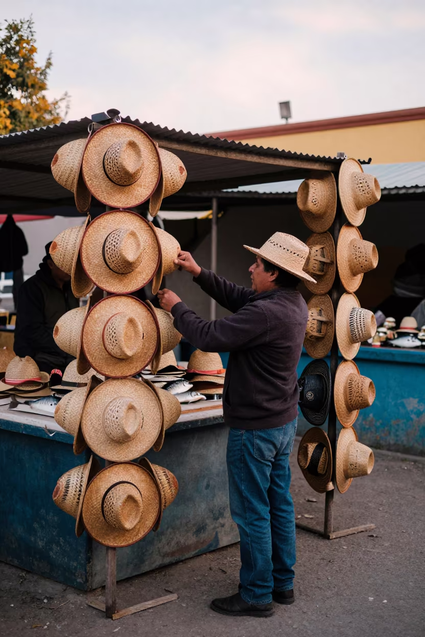 Vendor Arranging Woven Hats at Market Stall in beside a fish counter in Cuauhtémoc