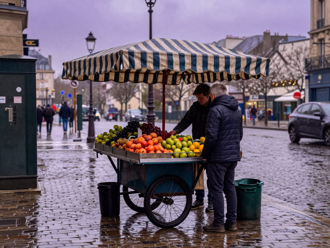 Vendor at First Light in in Paris, France