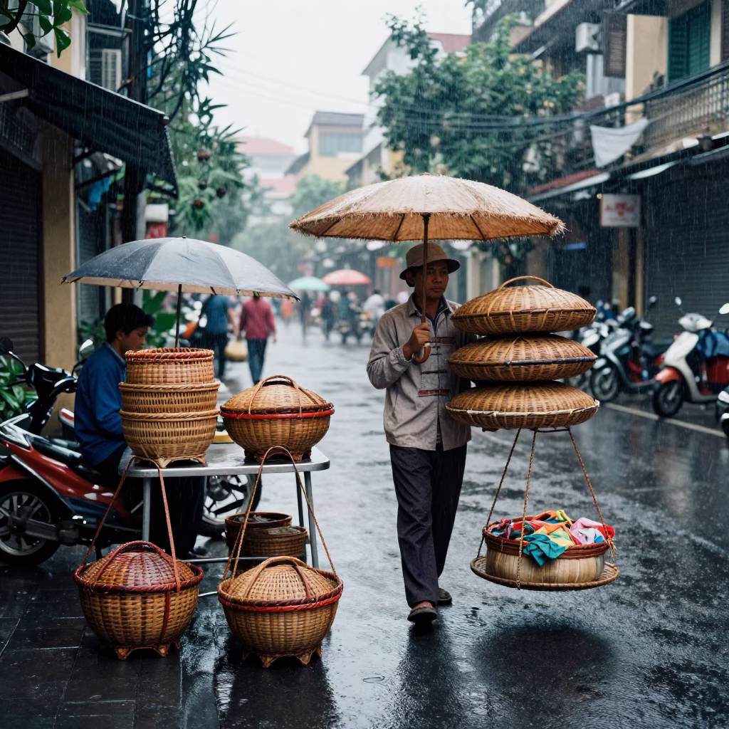 Vendor at First Light in Hanoi in in Hanoi, Vietnam