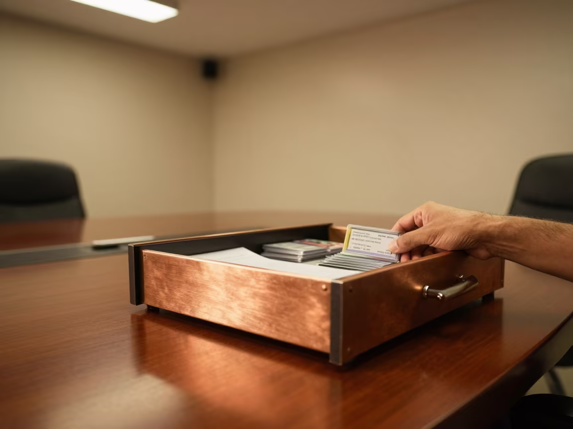 Vendor Badge Drawer on Boardroom Table in at a boardroom table before a meeting in Coimbatore