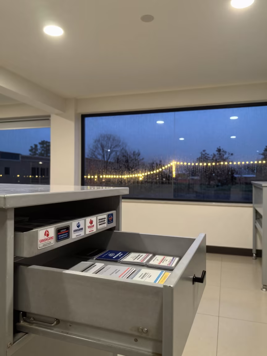 Vendor Badge Drawer in Kitwe Operations Center in in an operations center under monitor glow in Kitwe