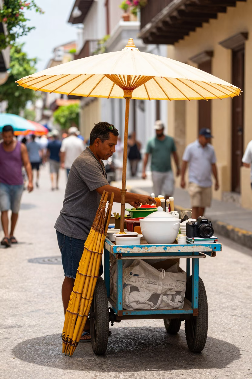 Vendor Cart in Cartagena at Bright Midmorning Light in in Cartagena, Colombia