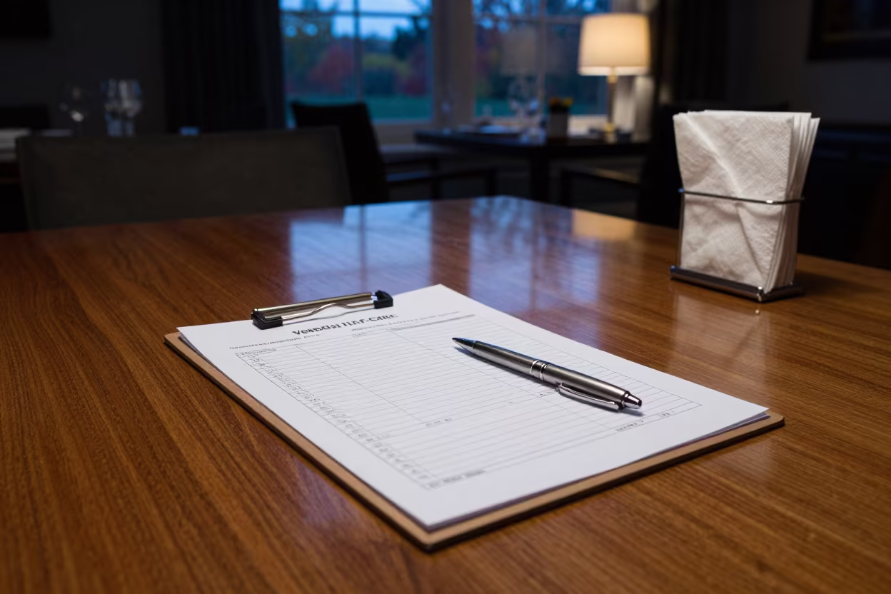 Vendor Check-in Clipboard Before Breakfast Service in inside a breakfast room before opening in Vaughan
