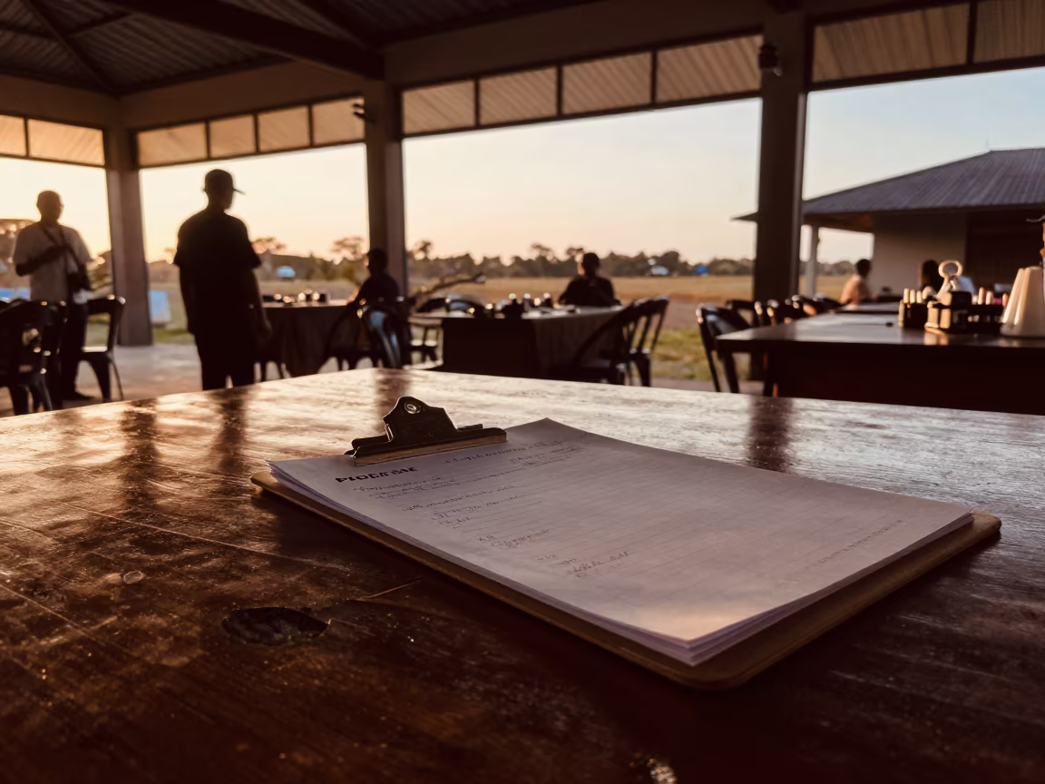 Vendor Check-In Clipboard in Lokoja Banquet Hall in inside a banquet hall before service near Lokoja