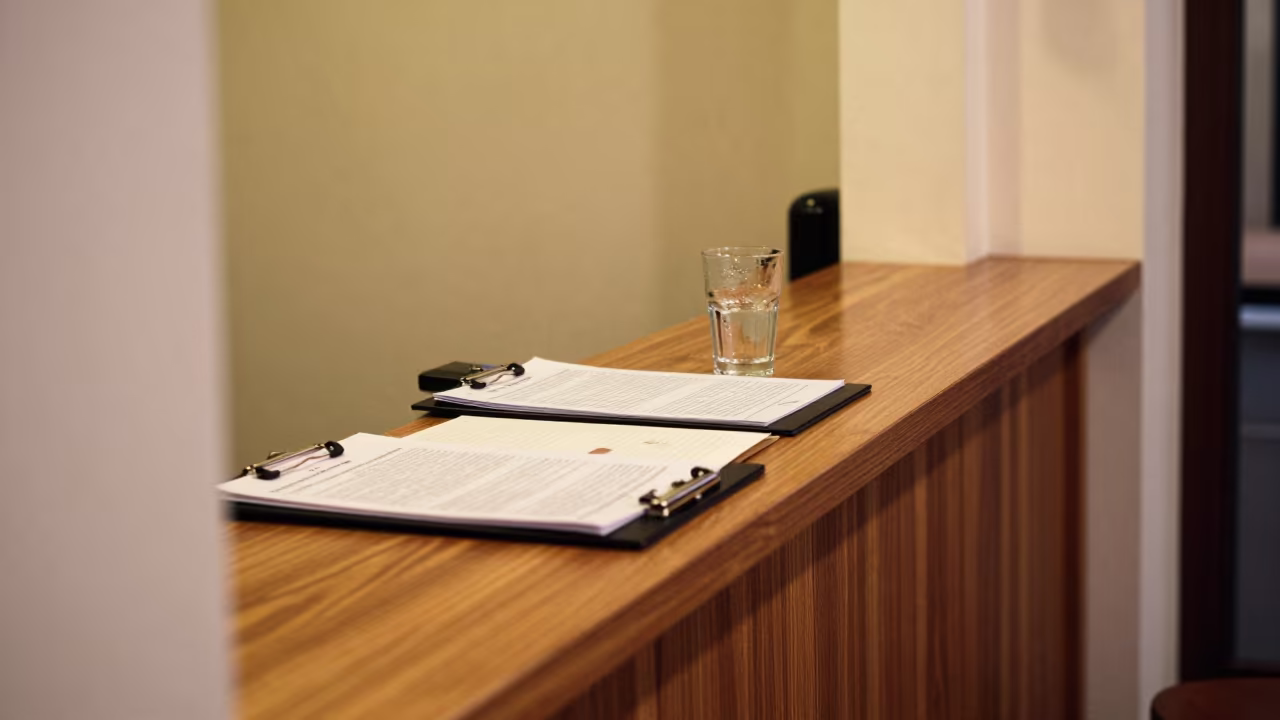 Vendor Clipboard on Testaccio Reception Desk in at a reception desk under warm light in Testaccio, Rome