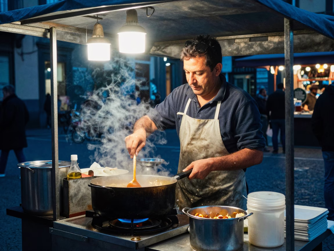 Vendor Cooking after dark in Naples in in Naples, Italy