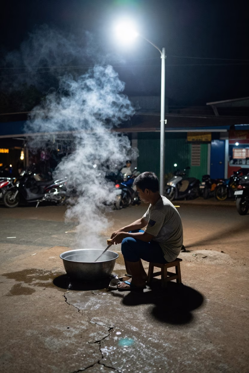 Vendor Cooking at Late At Night Light in Phnom Penh in in Phnom Penh, Cambodia
