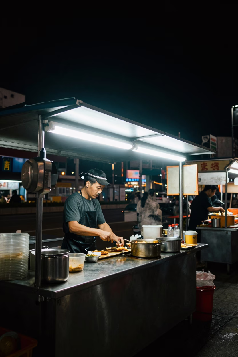 Vendor Cooking at The Deepest Night Sky Light in Hong Kong in in Hong Kong, Hong Kong