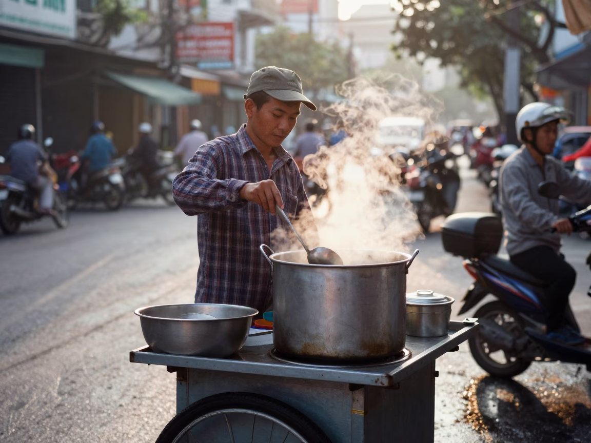 Vendor Cooking at The Early Morning Light in Ho Chi Minh City in in Ho Chi Minh City, Vietnam