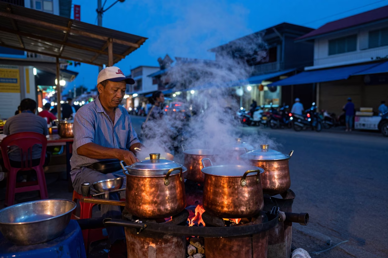 Vendor Cooking at The Last Blue Light Of Evening in Phnom Penh in in Phnom Penh, Cambodia